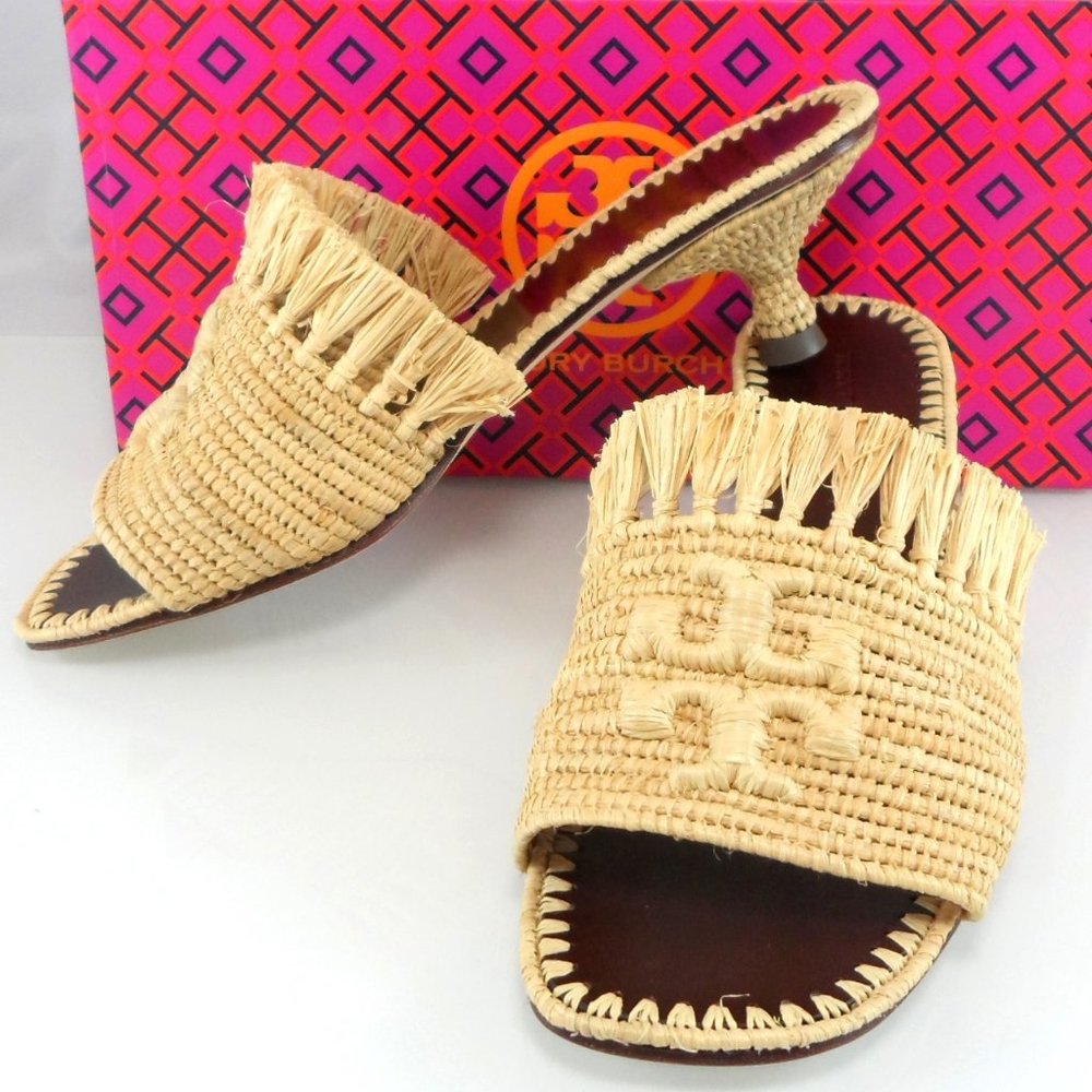 NIB $378 Tory Burch Eleanor Raffia Kitten-Heel Mules Double T Slip On Sandal 6.5 - Picture 5 of 11